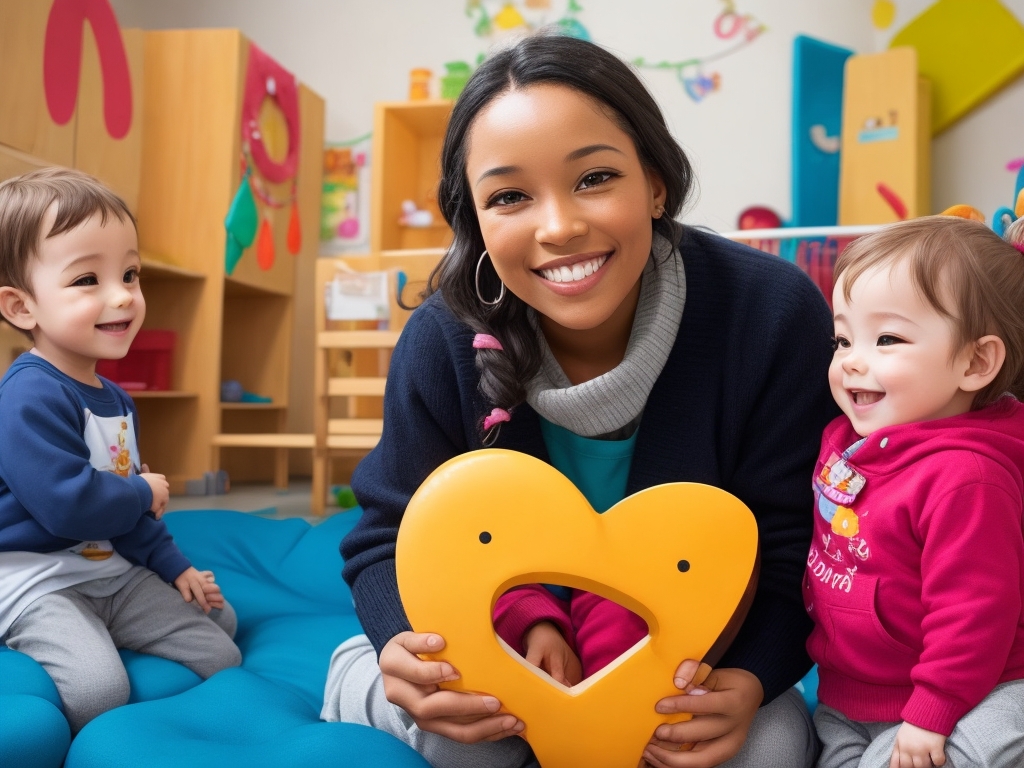 Assistante maternelle joyeuse avec des enfants en collectivité.