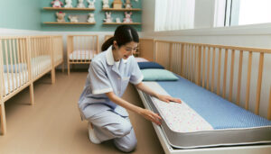 Photo d'une femme professionnel de la petite enfance dans un dortoir coloré d'une crèche, inspectant un matelas avec soin, à la recherche de signes de punaise de lit dans la crèche.