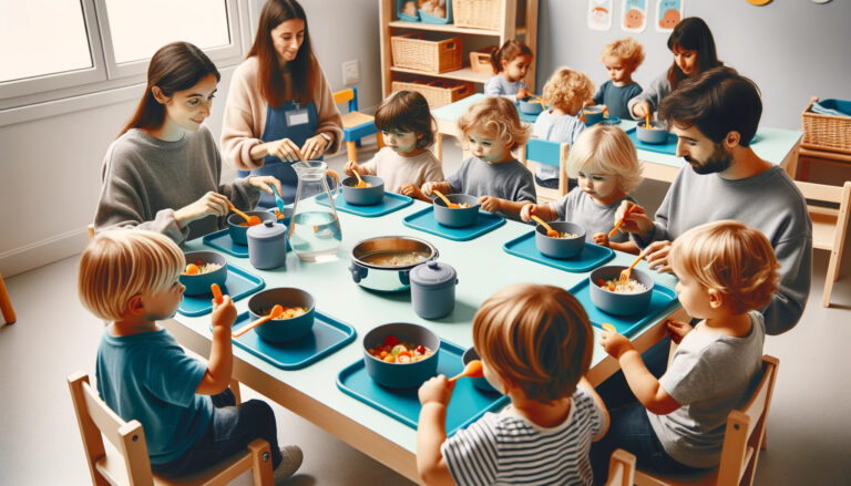 Photo réaliste d'un repas en cours dans une crèche. Les enfants sont assis autour d'une table, utilisant la vaisselle crèche adaptée à leur âge.
