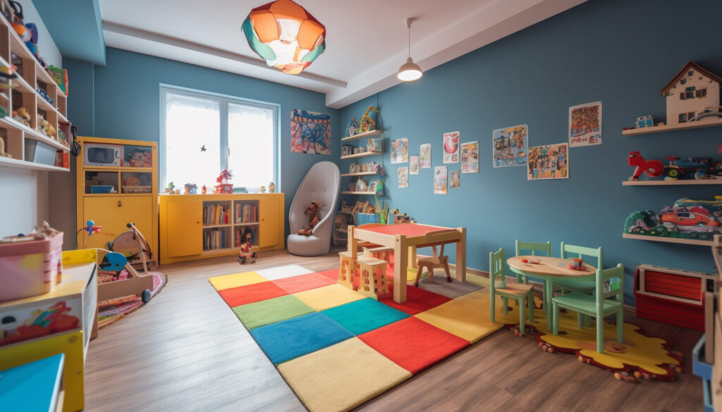 Salle de jeux ludique pour enfants au design moderne et à la décoration colorée