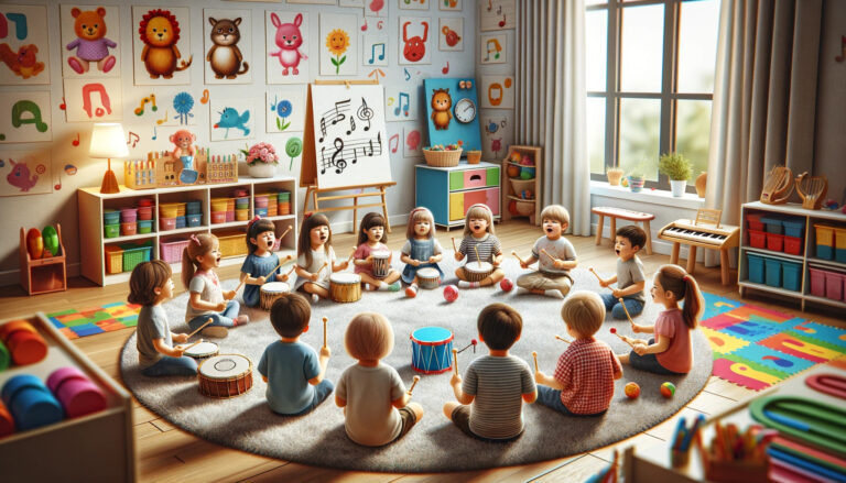 Une image réaliste en format paysage d'un atelier de musique à la maternelle avec un groupe d'enfants de 3 à 6 ans assis en cercle. Ils chantent tous ensemble.