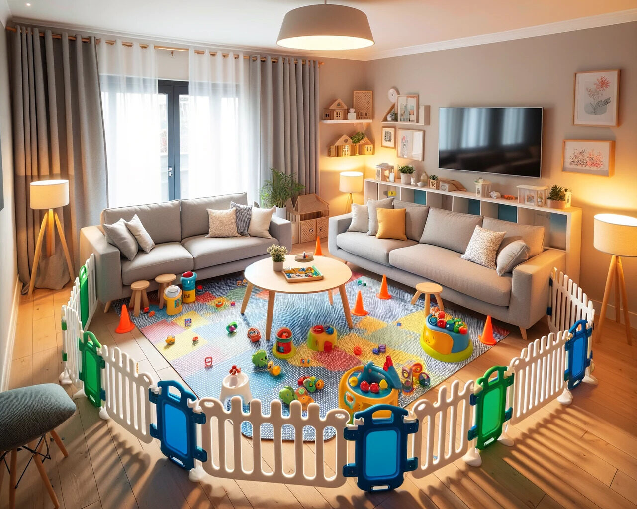 Un salon familial moderne et sécuriser pour bébé montrant l'importance de sécuriser sa maison pour bébé avec des protèges coins sur les meubles des barrières de sécurité, ainsi que des cache-prises.