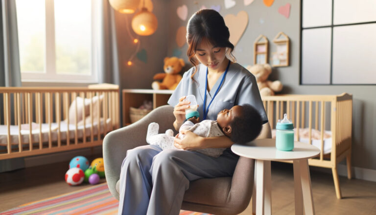 Une femme professionnel de la petite enfance qui donne le biberon à un bébé dans le dortoir d'une crèche.