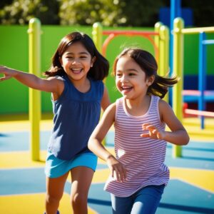 Dans la cour de récréation, les enfants peuvent jouer ensemble, via des zones de jeu réglementé.