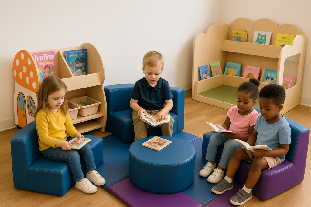 Un coin lecture bien aménagé invite les tout-petits à la découverte des histoires dans un espace doux et rassurant. Accessible, coloré et rempli de livres adaptés, il stimule le langage, la concentration et l’imaginaire. Offrez aux enfants un lieu où ils peuvent rêver, partager et grandir à leur rythme !