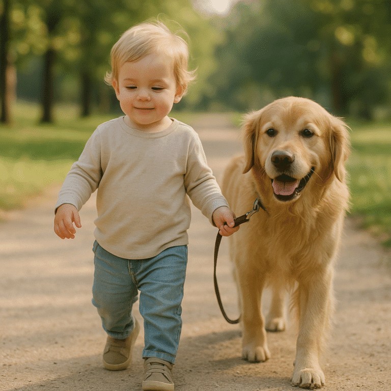 Jeune enfant promenant un chien golden retriever en laisse