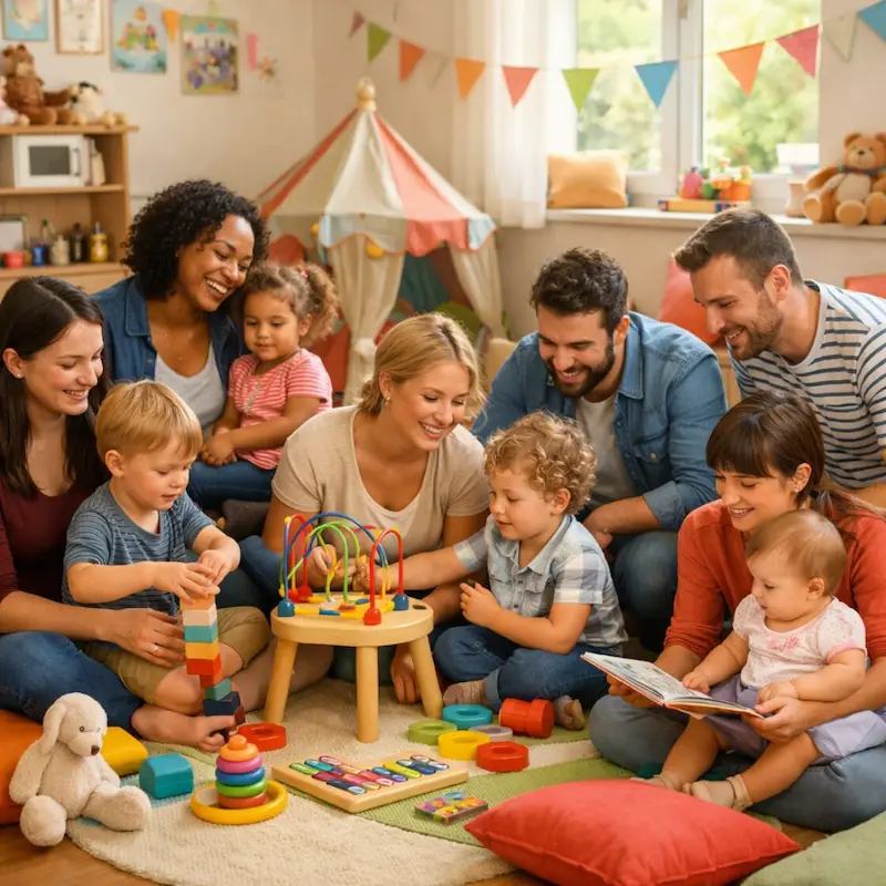Parents et enfants jouant ensemble dans un lieu d'accueil enfants-parents (LAEP)