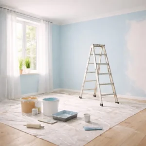 Pièce en cours de rénovation avec escabeau et matériel de peinture