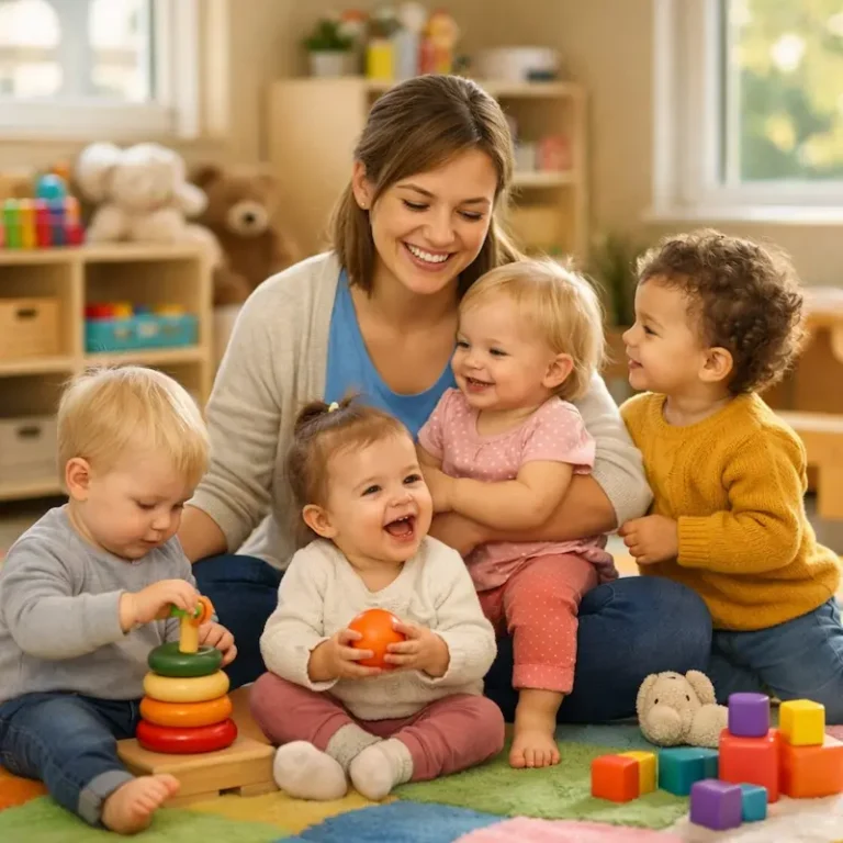 Éducatrice jouant avec des jeunes enfants dans une crèche publique
