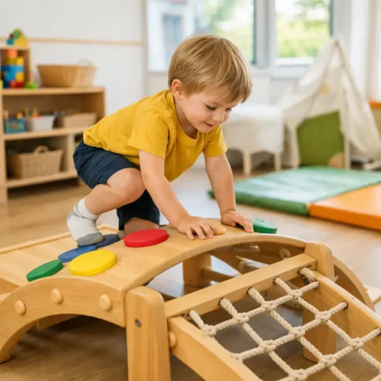 Enfants grimpant sur une structure d'équilibre en aire de jeux