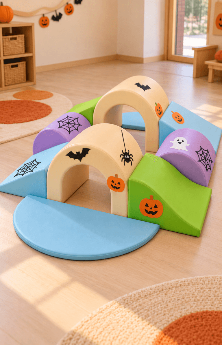 Parcours de motricité en mousse pastel décoré pour Halloween (citrouilles, chauves-souris) en crèche