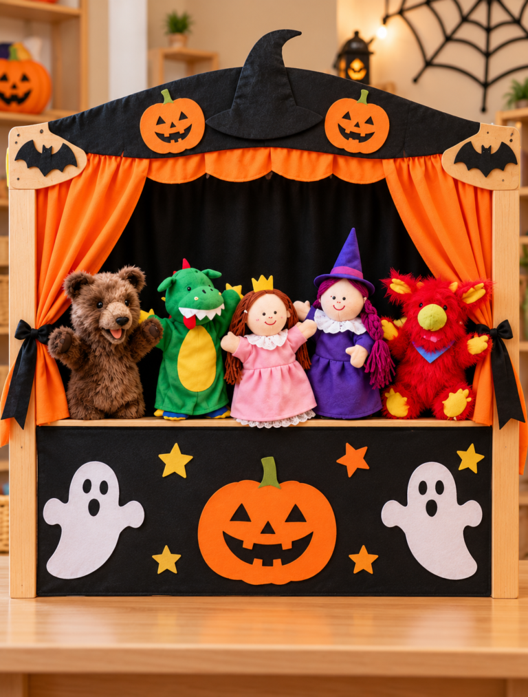 Castelet de marionnettes décoré pour Halloween (citrouille, fantômes) avec des marionnettes ours, dragon, princesse et sorcière